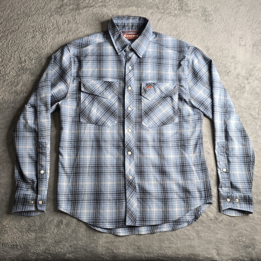 Simms Fishing Shirt Mens Small Blue Plaid Pearl Snap Western L/S Trout Logo